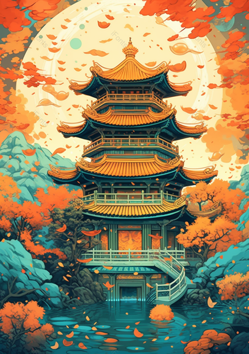 宏伟壮观的古建筑古塔植被传统中式插画背景,插画/手绘图,插画/手绘图库,插画/手绘图下载,插画/手绘